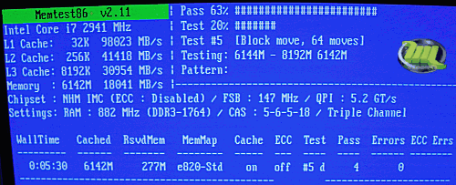 Результаты тестирования в программе Memtest86