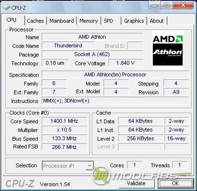 Скриншот CPU-Z для AMD Athlon 1400 (Thuderbird)