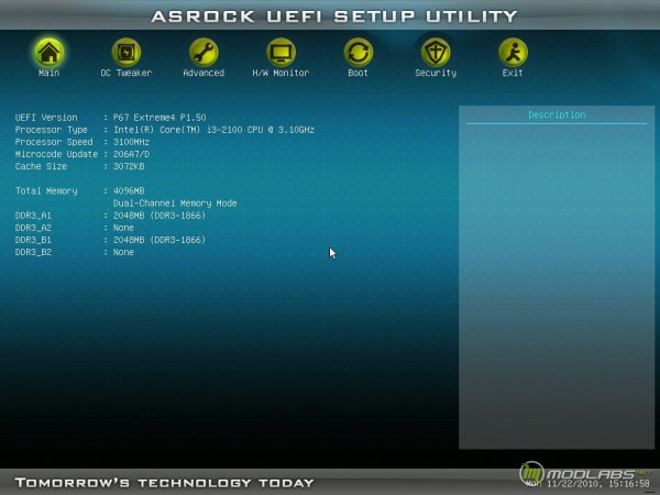 Asrock P67 extreme4 UEFI - главный экран, процессор Core i3-2100