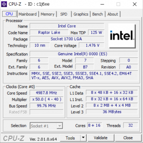 Intel Raptor Lake, Core i9-13900K, CPU-Z Validation