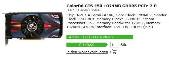 Видеокарта Colorful GeForce GTS 450